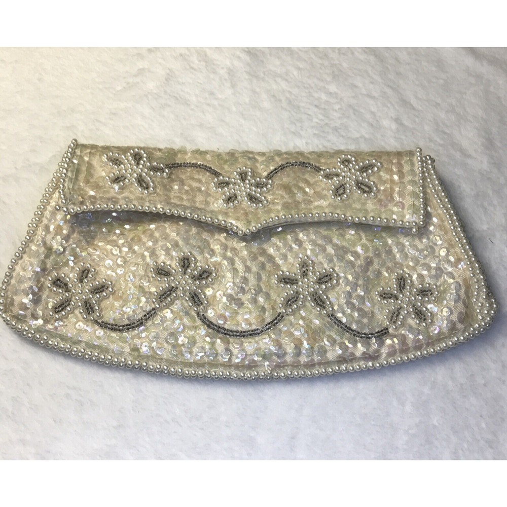 VTG Bag by Debbie Flower Pearl & Beaded Sequined Clutch with Snap Wedding Purse